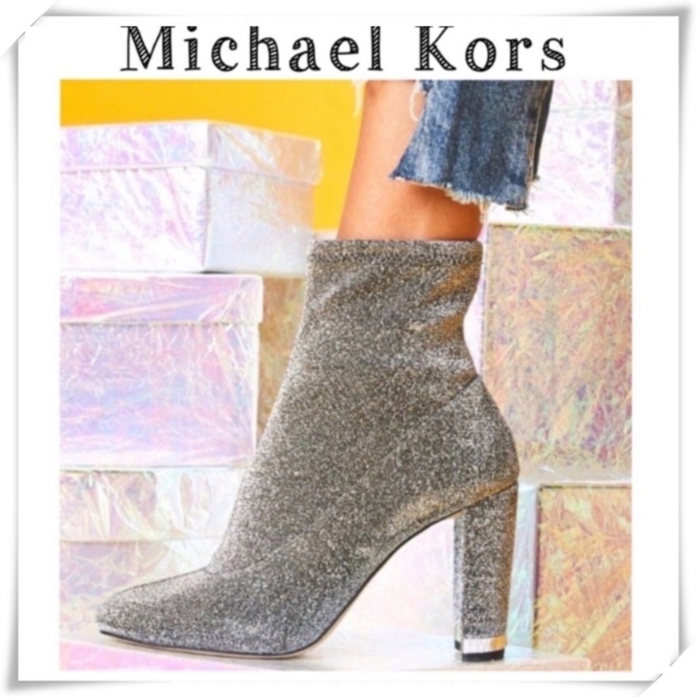 MICHAEL Michael Kors 70s Glitter Metallic Silver Stretch Ankle Heel Boot Size 10